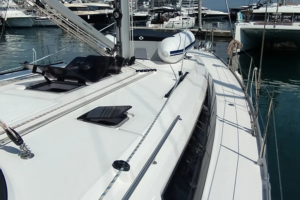 Deck of Mirka 5, a Bavaria Cruiser 46 sailboat at Split, Croatia