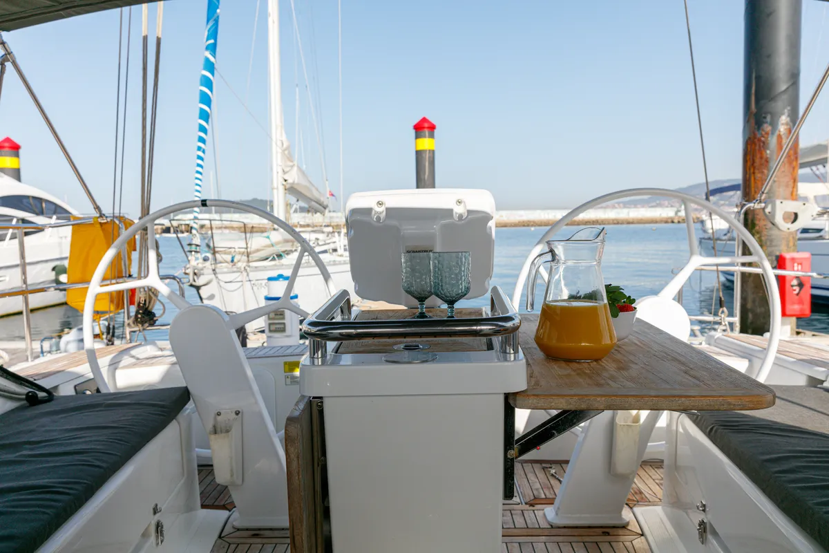 Cockpit of Kraken, a Hanse 415 sailboat at Baiona, Spain