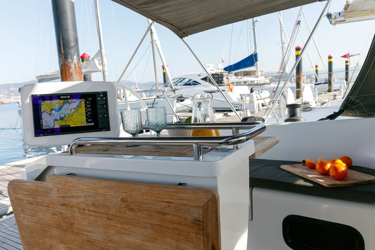 Exterior view of Kraken, a Hanse 415 sailboat at Baiona, Spain