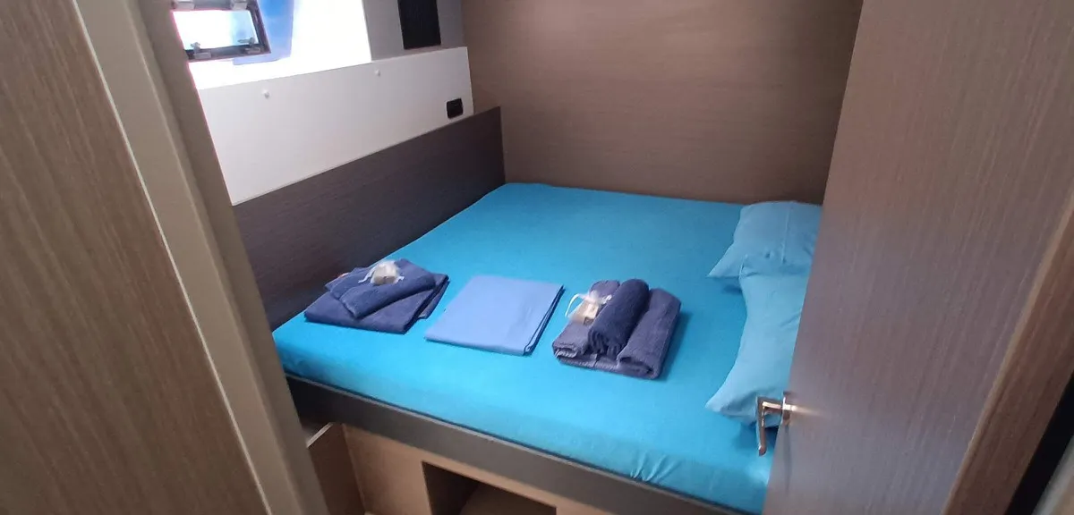Cabin on Pannonica, a Leopard 50 catamaran at Tonnarella, Italy