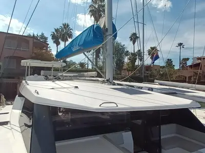 Deck of Pannonica, a Leopard 50 catamaran at Tonnarella, Italy