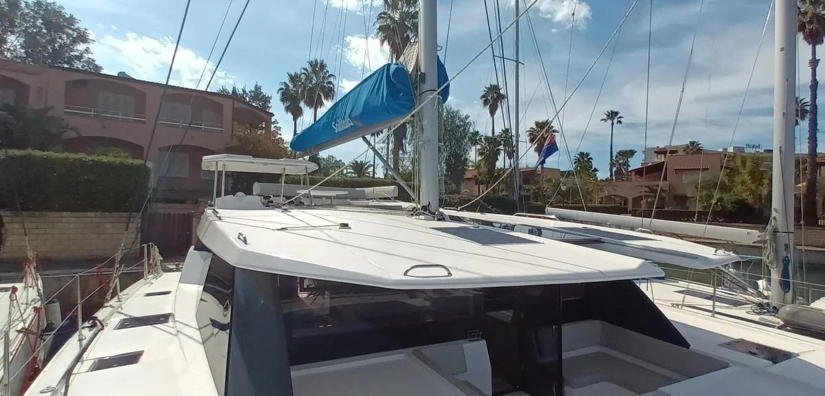 Deck of Pannonica, a Leopard 50 catamaran at Tonnarella, Italy