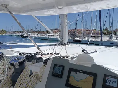 Cockpit of Pannonica, a Leopard 50 catamaran at Tonnarella, Italy