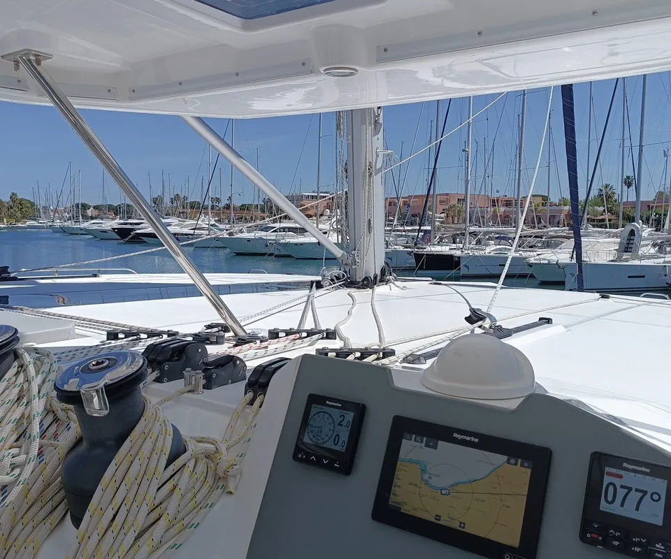Cockpit of Pannonica, a Leopard 50 catamaran at Tonnarella, Italy