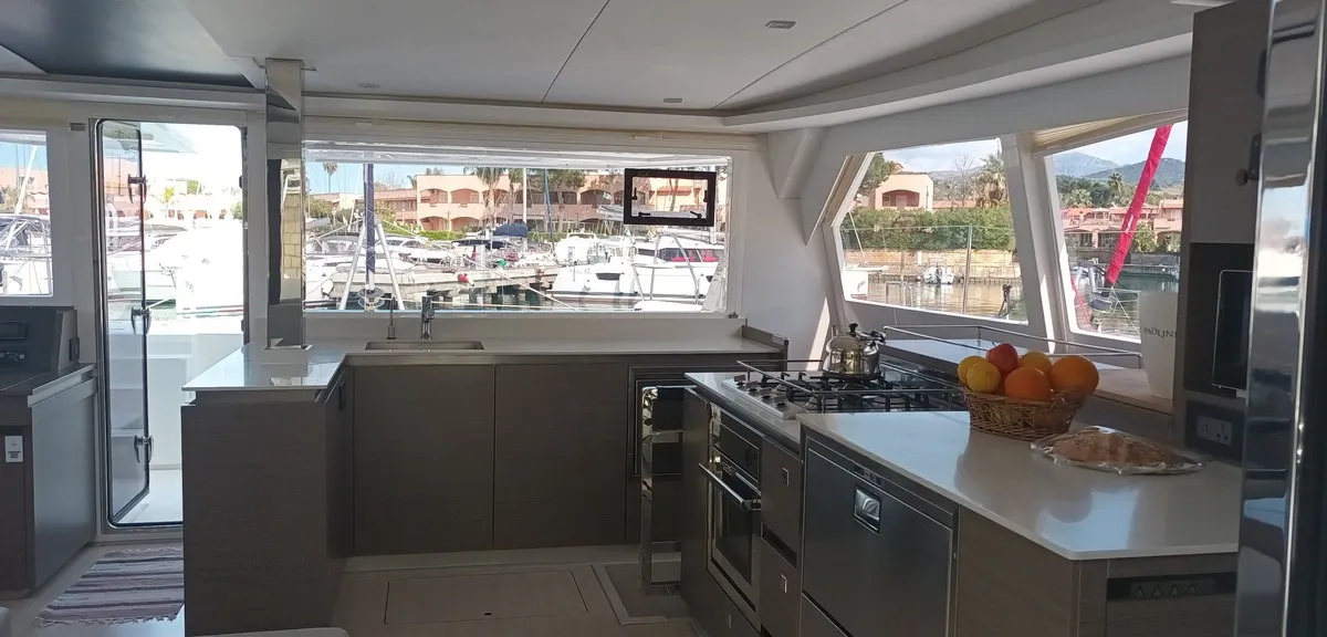 Galley of Pannonica, a Leopard 50 catamaran at Tonnarella, Italy