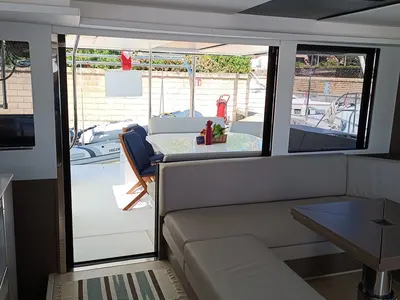Salon of Pannonica, a Leopard 50 catamaran at Tonnarella, Italy