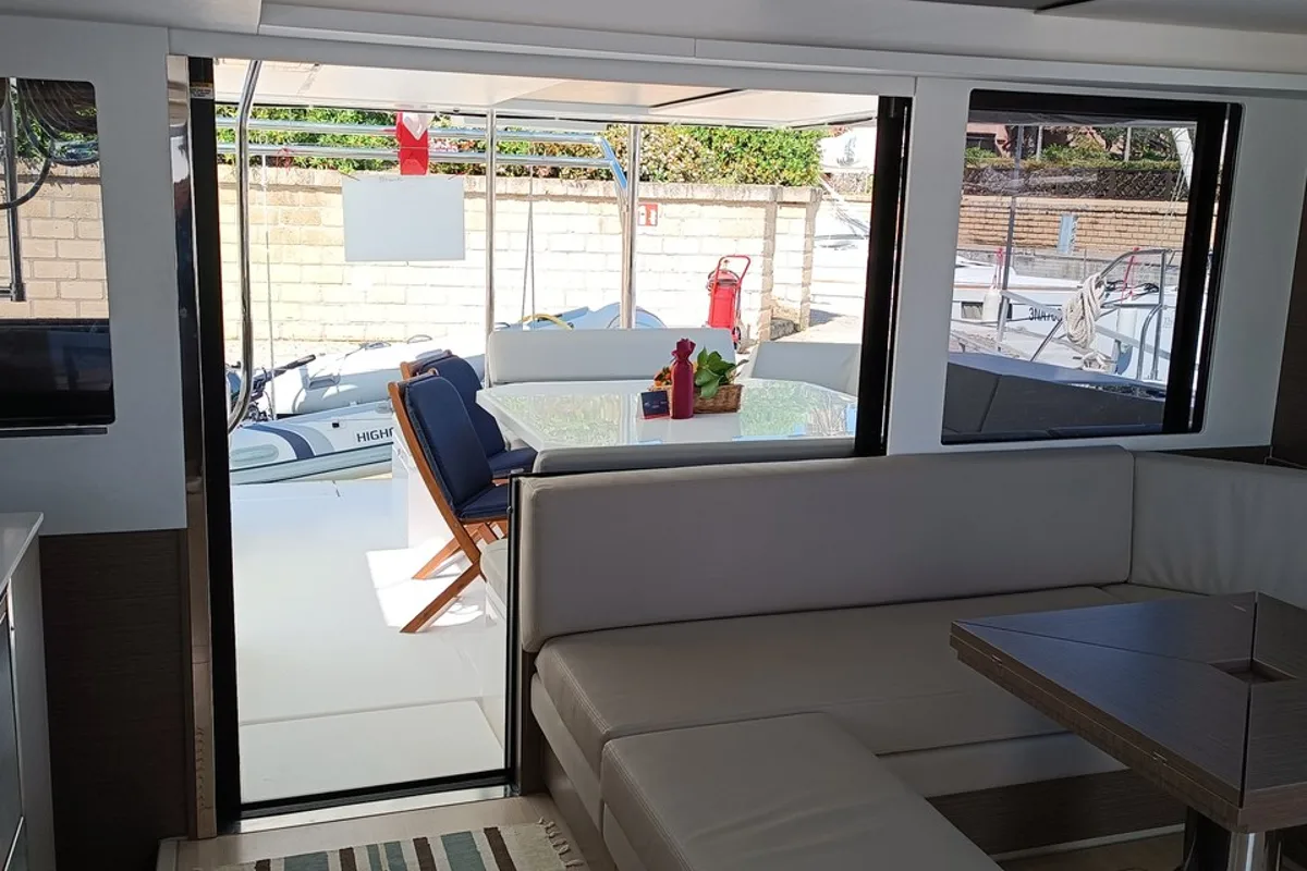 Salon of Pannonica, a Leopard 50 catamaran at Tonnarella, Italy