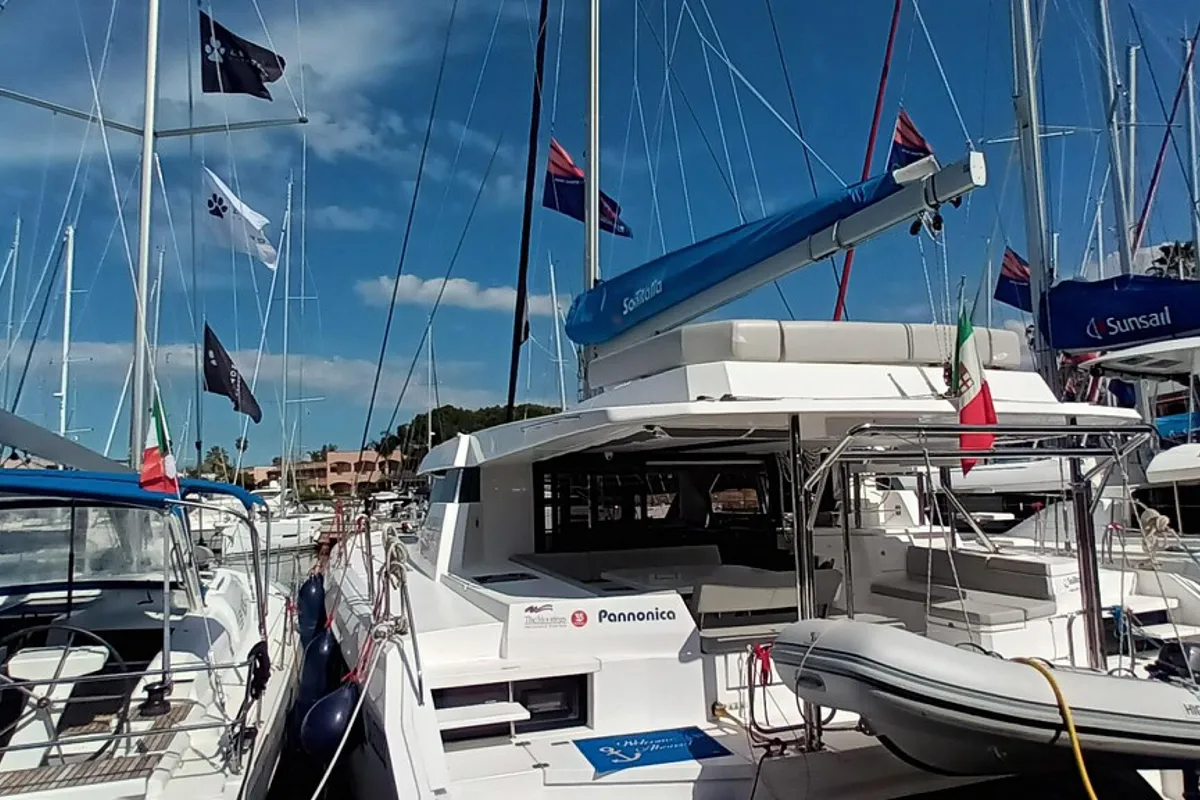 Exterior view of Pannonica, a Leopard 50 catamaran at Tonnarella, Italy