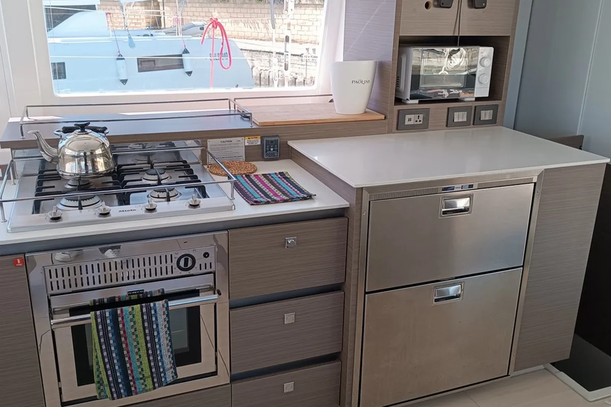 Galley of Pannonica, a Leopard 50 catamaran at Tonnarella, Italy