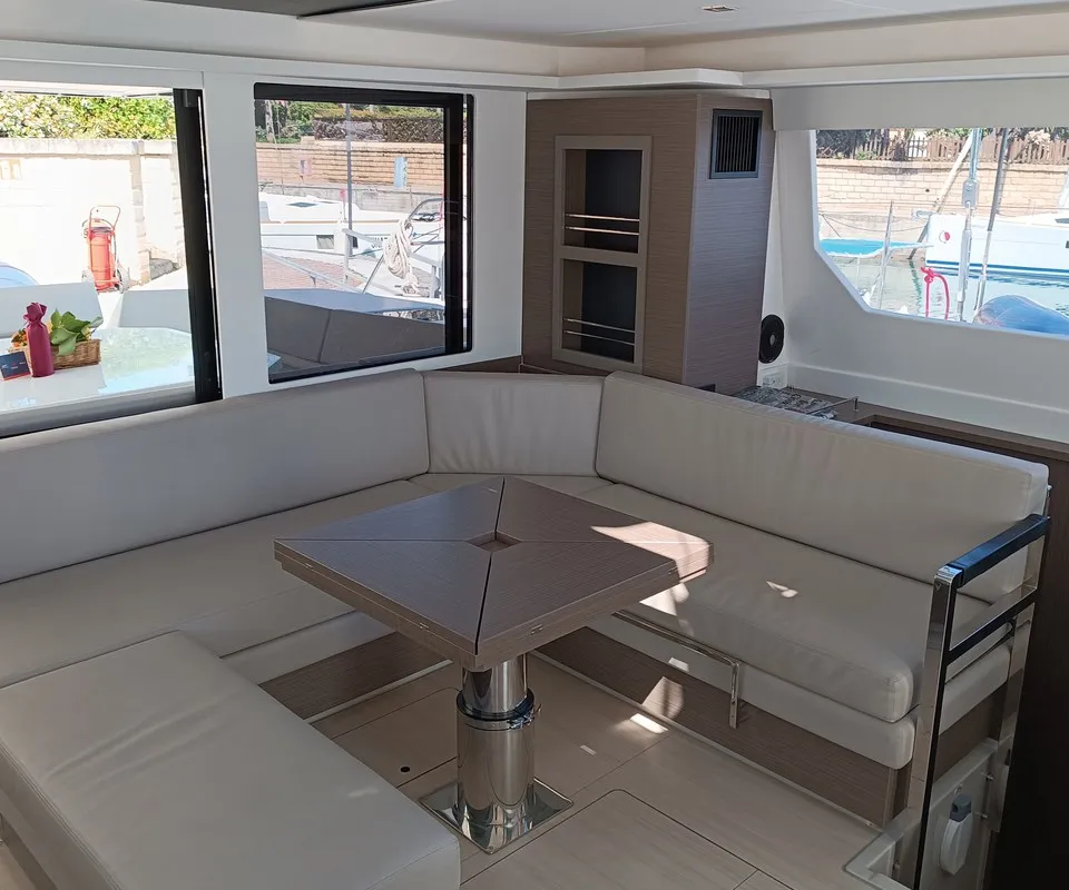 Salon of Pannonica, a Leopard 50 catamaran at Tonnarella, Italy