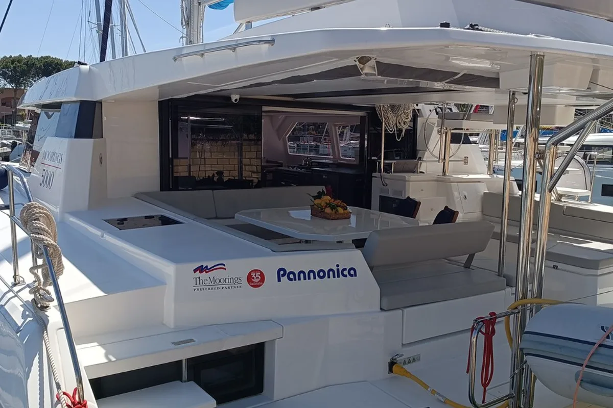 Deck of Pannonica, a Leopard 50 catamaran at Tonnarella, Italy