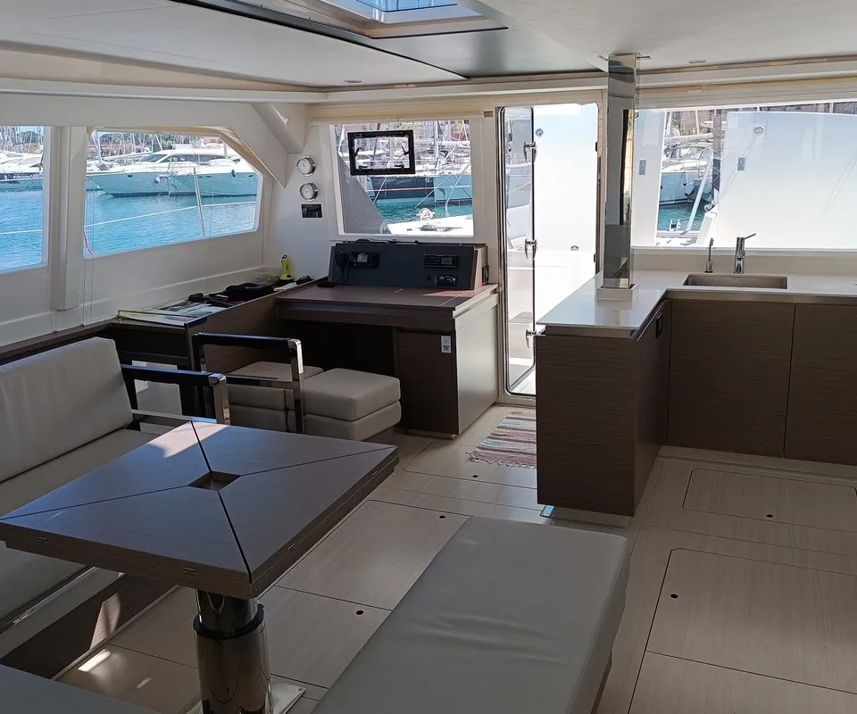 Salon of Pannonica, a Leopard 50 catamaran at Tonnarella, Italy