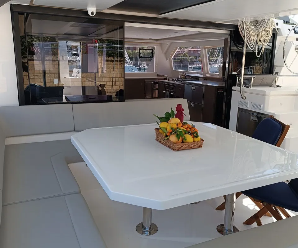 Deck of Pannonica, a Leopard 50 catamaran at Tonnarella, Italy