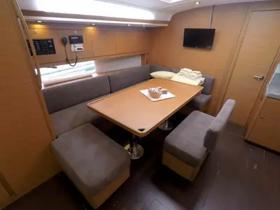 Salon of Adelante, a Dufour 470 sailboat at Grad Šibenik, Croatia