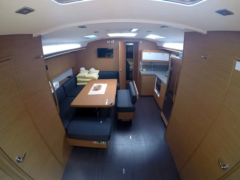 Salon of Adelante, a Dufour 470 sailboat at Grad Šibenik, Croatia