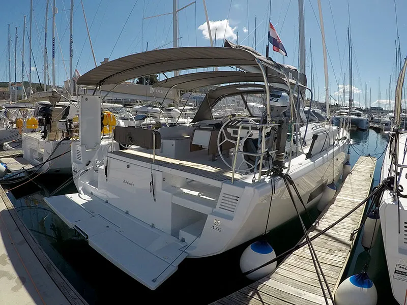 Exterior view of Adelante, a Dufour 470 sailboat at Grad Šibenik, Croatia