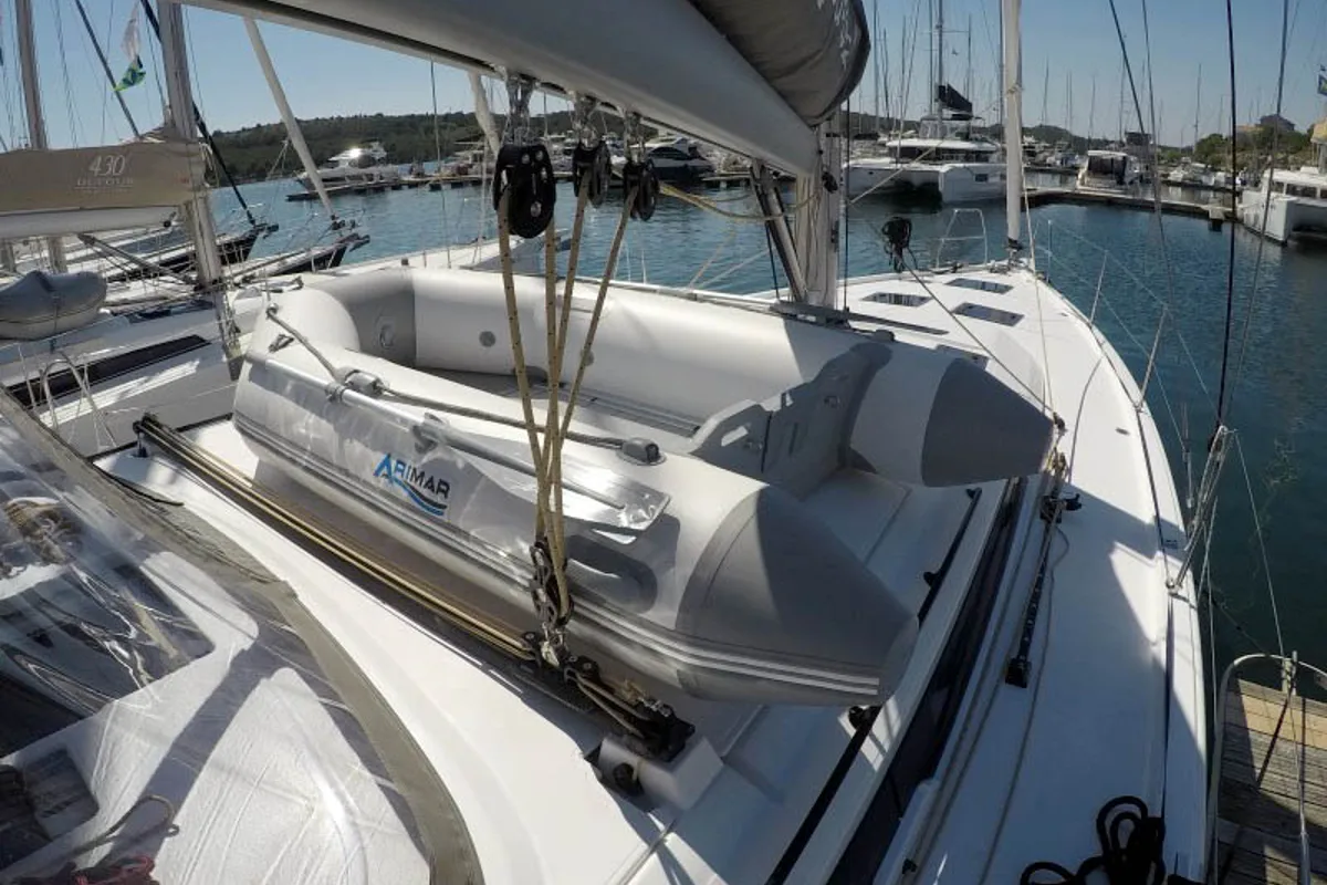 Deck of Adelante, a Dufour 470 sailboat at Grad Šibenik, Croatia