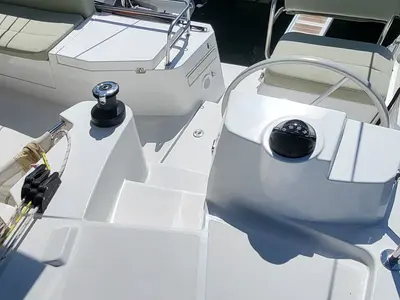 Cockpit of Free Wheeler, a Bali Catsmart catamaran at Procida, Italy