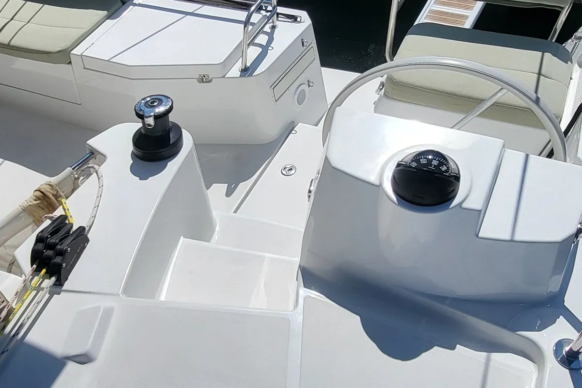 Cockpit of Free Wheeler, a Bali Catsmart catamaran at Procida, Italy