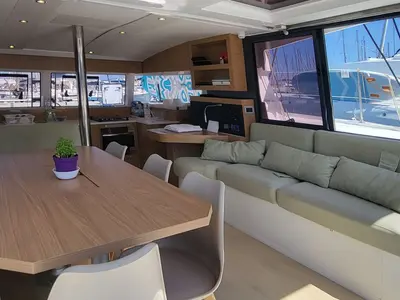 Salon of Free Wheeler, a Bali Catsmart catamaran at Procida, Italy