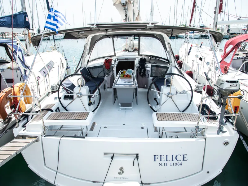 Exterior view of Felice, a Beneteau Oceanis 41.1 sailboat at Athens, Greece