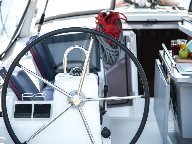 Exterior view of Felice, a Beneteau Oceanis 41.1 sailboat at Athens, Greece
