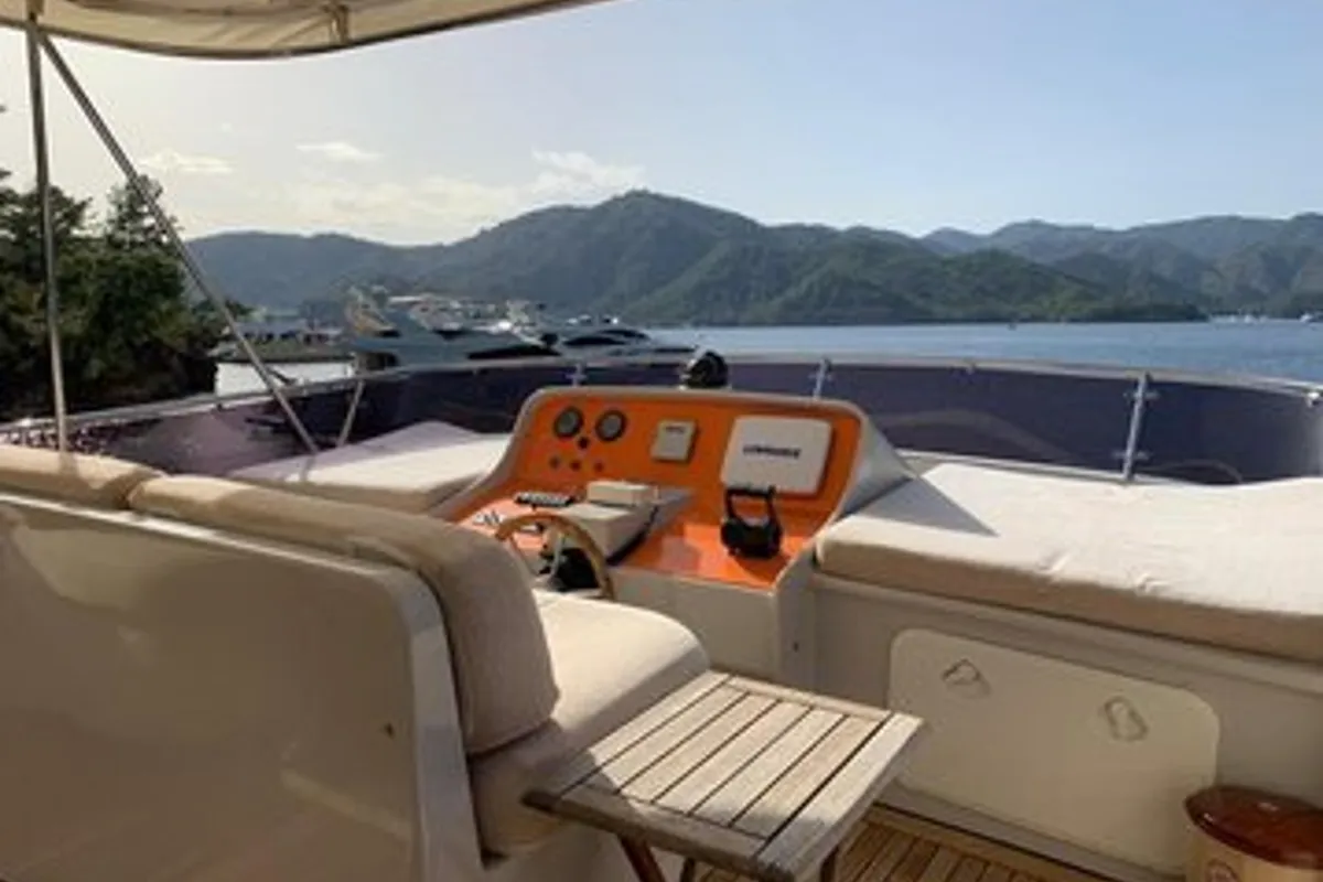 Cockpit of Atil, a Tuzla motor yacht at Marmaris, Turkey