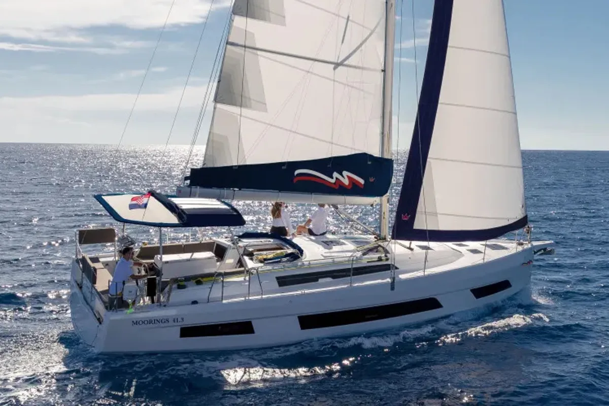 Exterior view of Moorings 41.3 Exclusive, a Dufour 41 sailboat at Road Town, British Virgin Islands