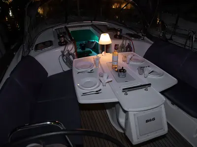 Cockpit of Marco Polo, a Beneteau Oceanis 40 sailboat at Skradin, Croatia