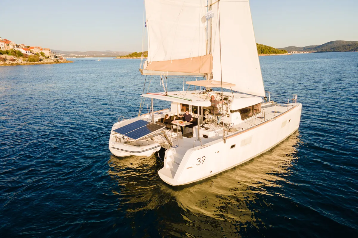 Exterior view of White Pearl, a Lagoon 39 catamaran at Grad Šibenik, Croatia