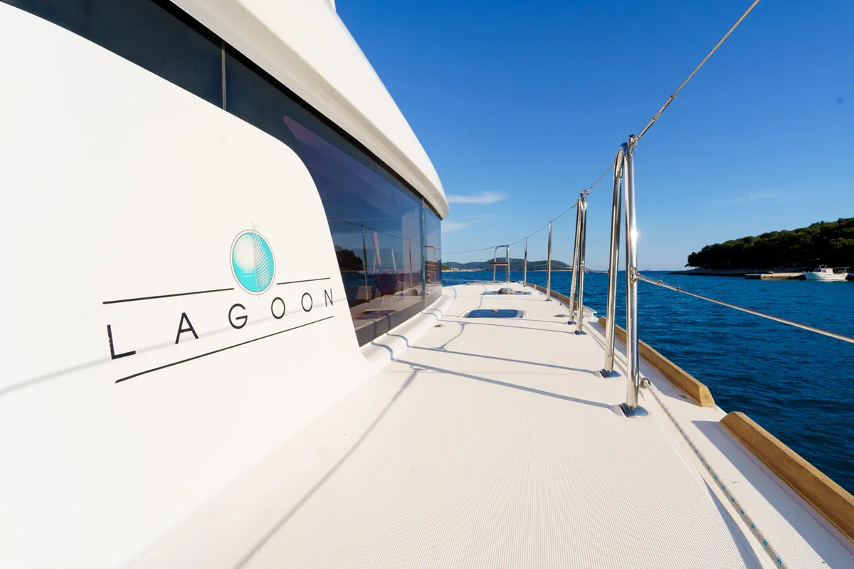 Deck of White Pearl, a Lagoon 39 catamaran at Grad Šibenik, Croatia