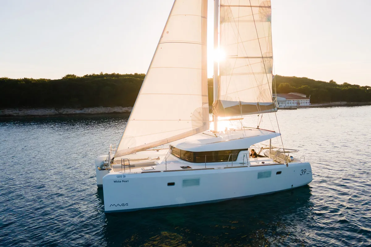 Exterior view of White Pearl, a Lagoon 39 catamaran at Grad Šibenik, Croatia