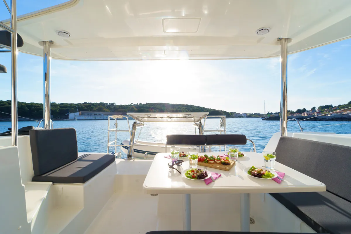 Deck of White Pearl, a Lagoon 39 catamaran at Grad Šibenik, Croatia