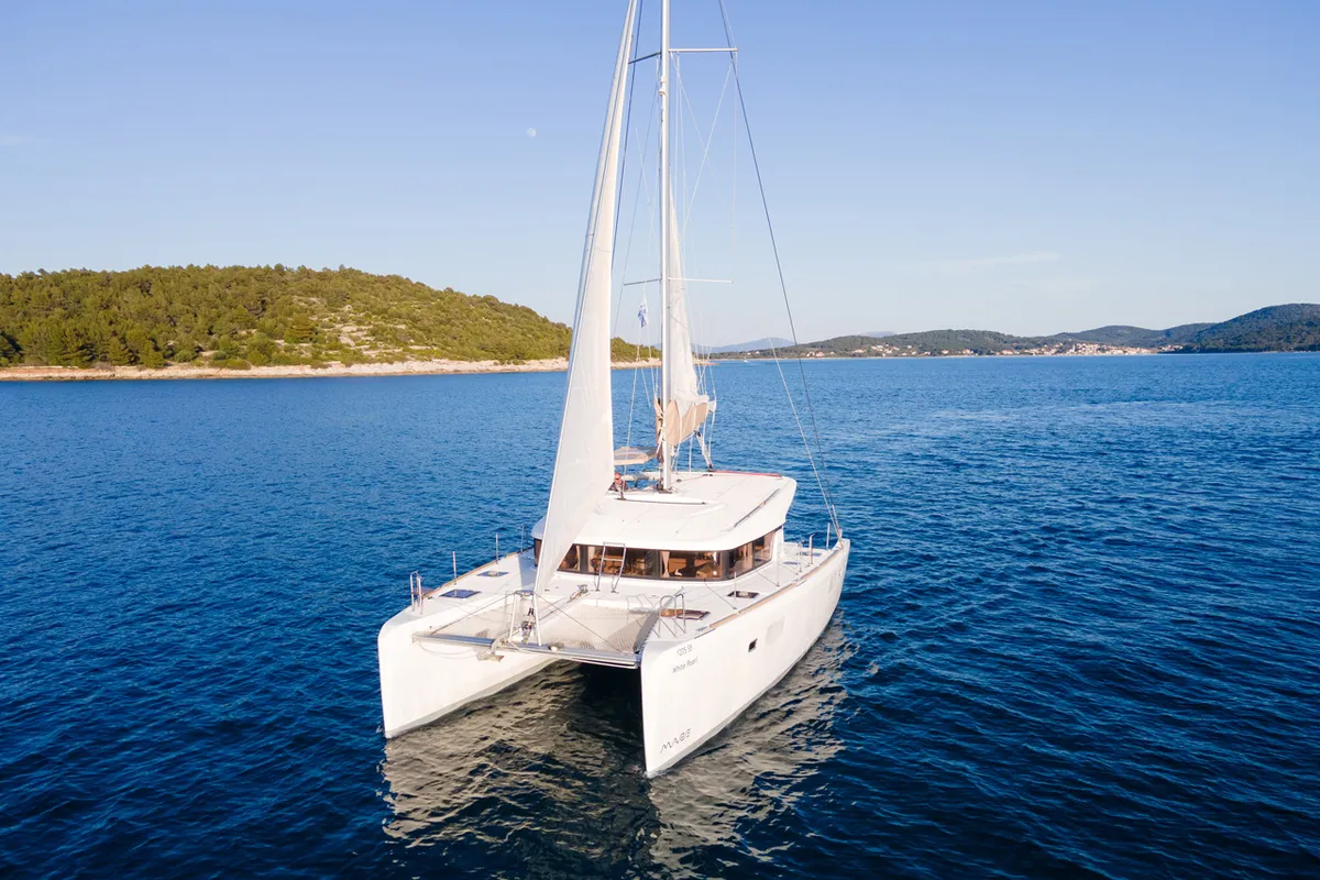 Exterior view of White Pearl, a Lagoon 39 catamaran at Grad Šibenik, Croatia