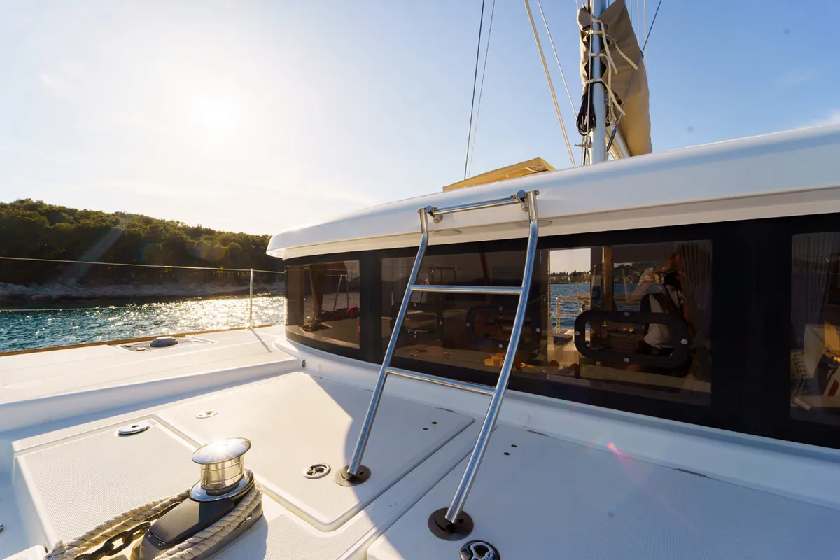 Deck of White Pearl, a Lagoon 39 catamaran at Grad Šibenik, Croatia