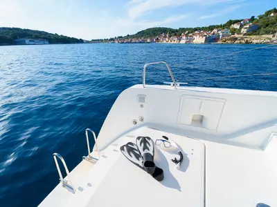 Deck of White Pearl, a Lagoon 39 catamaran at Grad Šibenik, Croatia