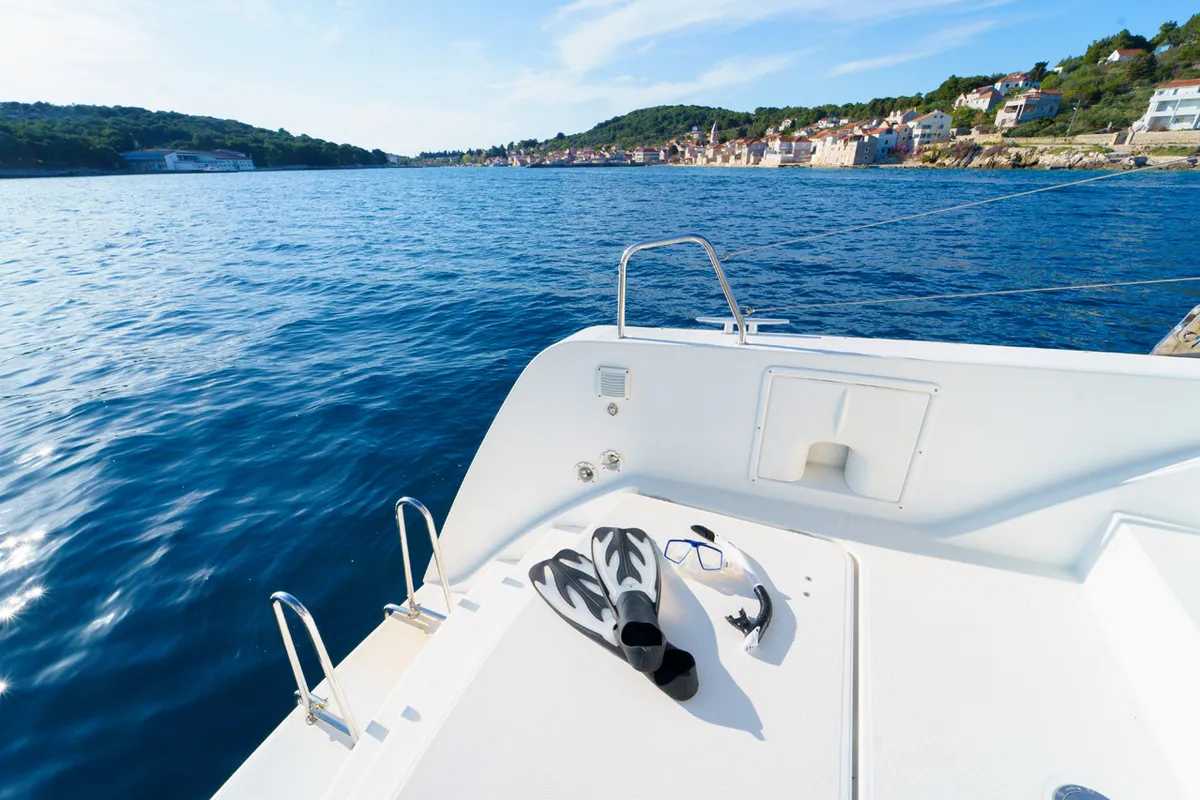 Deck of White Pearl, a Lagoon 39 catamaran at Grad Šibenik, Croatia