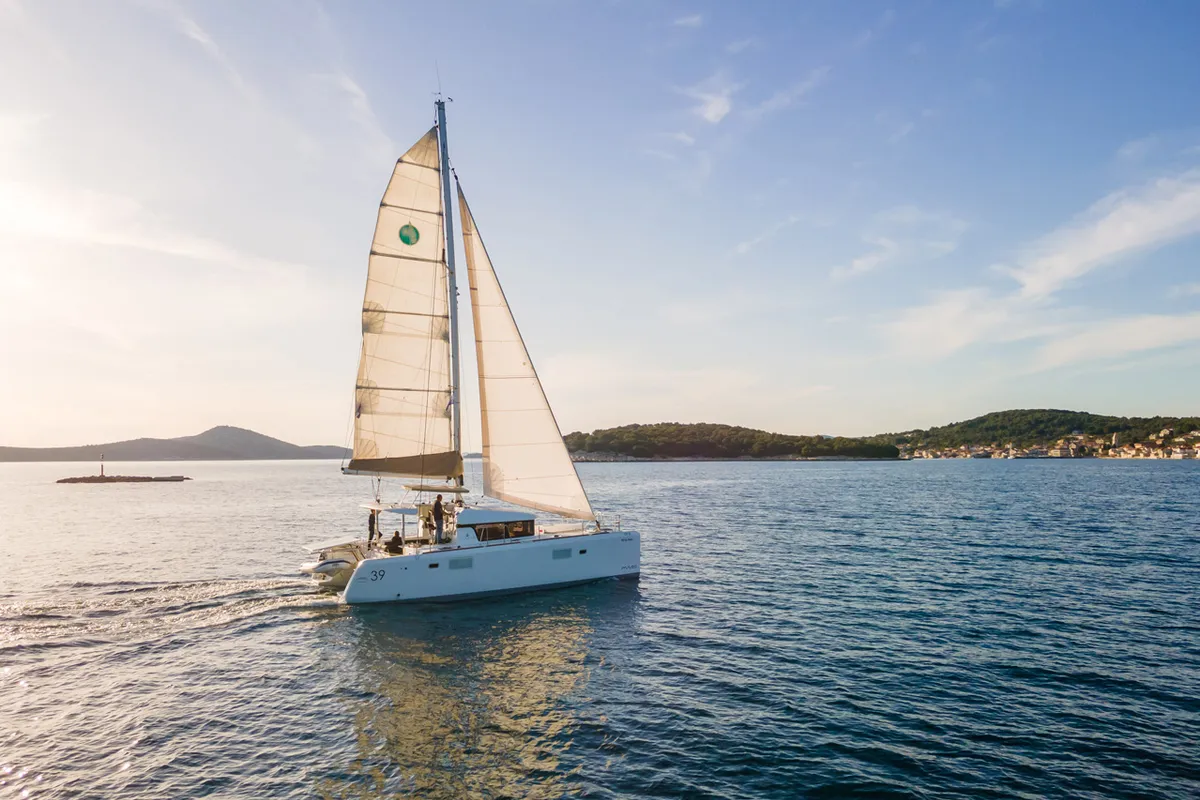 Exterior view of White Pearl, a Lagoon 39 catamaran at Grad Šibenik, Croatia