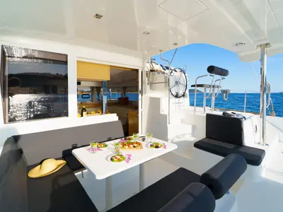 Cockpit of White Pearl, a Lagoon 39 catamaran at Grad Šibenik, Croatia
