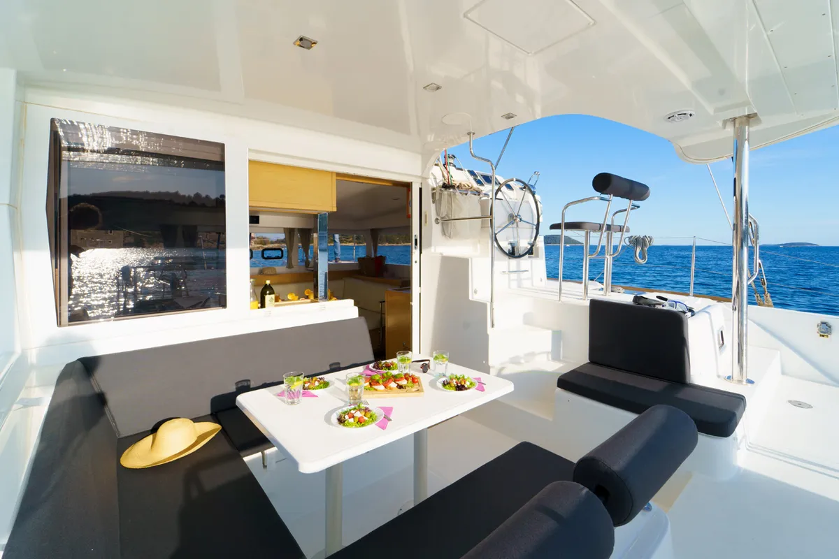 Cockpit of White Pearl, a Lagoon 39 catamaran at Grad Šibenik, Croatia