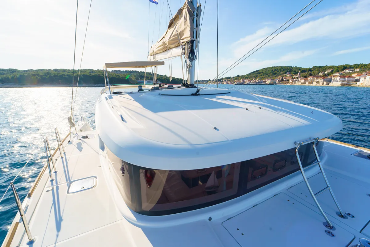 Deck of White Pearl, a Lagoon 39 catamaran at Grad Šibenik, Croatia