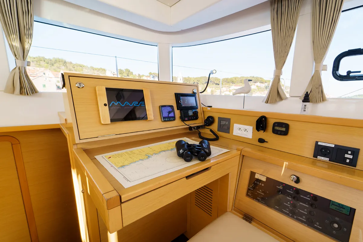 Cockpit of White Pearl, a Lagoon 39 catamaran at Grad Šibenik, Croatia