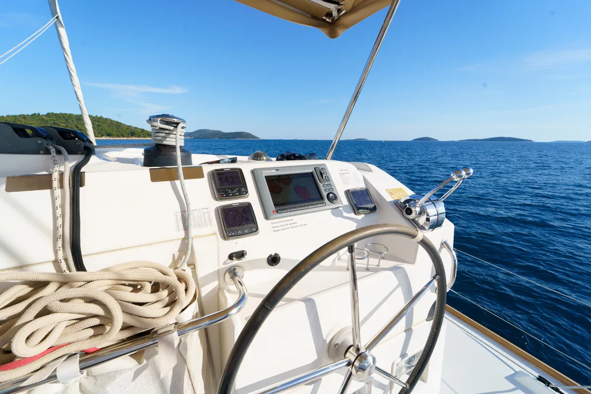 Cockpit of White Pearl, a Lagoon 39 catamaran at Grad Šibenik, Croatia
