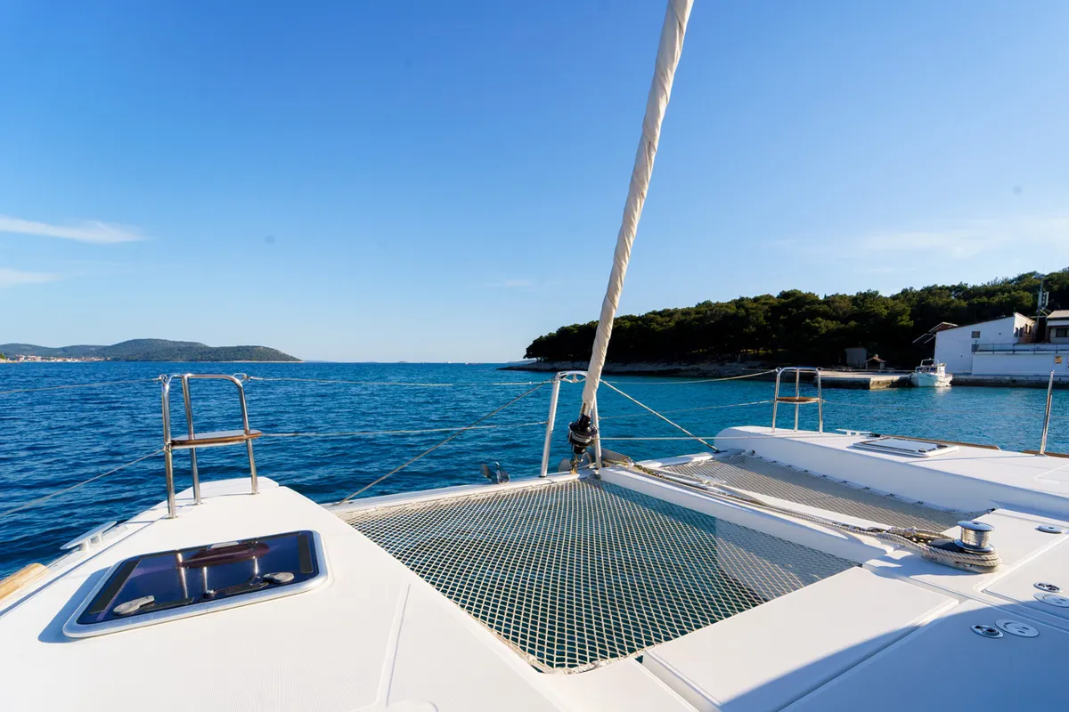 Deck of White Pearl, a Lagoon 39 catamaran at Grad Šibenik, Croatia