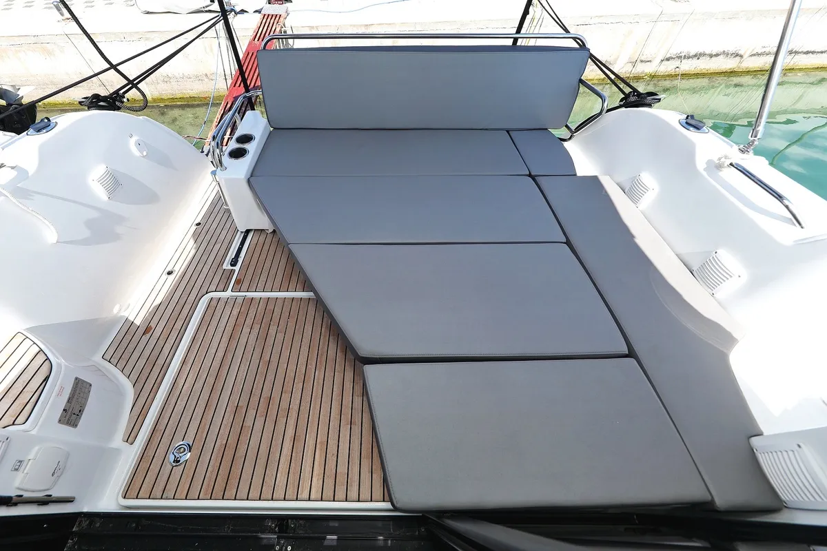 Deck of Lolo, a Beneteau Antares 9 OB motorboat at Pirovac, Croatia