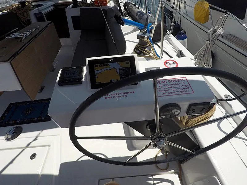 Cockpit of Ljubov, a Dufour 470 sailboat at Grad Šibenik, Croatia
