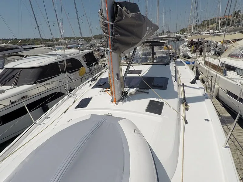 Deck of Ljubov, a Dufour 470 sailboat at Grad Šibenik, Croatia