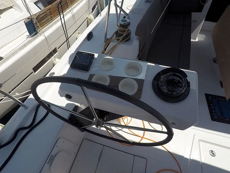 Cockpit of Ljubov, a Dufour 470 sailboat at Grad Šibenik, Croatia