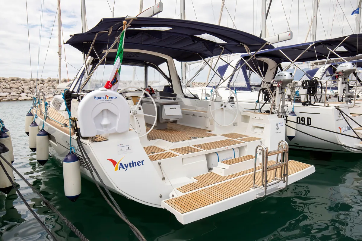 Exterior view of Ayther, a Beneteau Oceanis 45 sailboat at Salerno, Italy