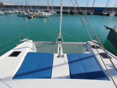 Deck of Stella, a Dufour Catamaran 48 catamaran at Olbia, Italy